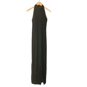 Adrianna Papell Silk All Over Beaded High Neck Front Split Maxi Dress Sz 6 Black